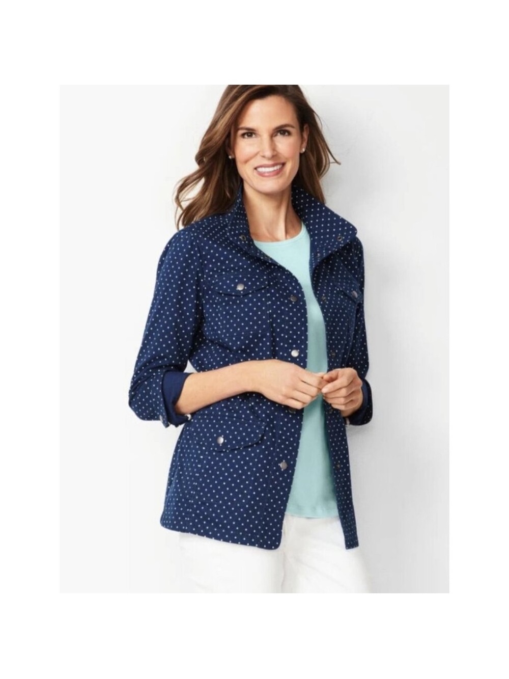 Talbots Navy Blue & White Polka Dot Drawstring Waist Twill Jacket NWT Size Med